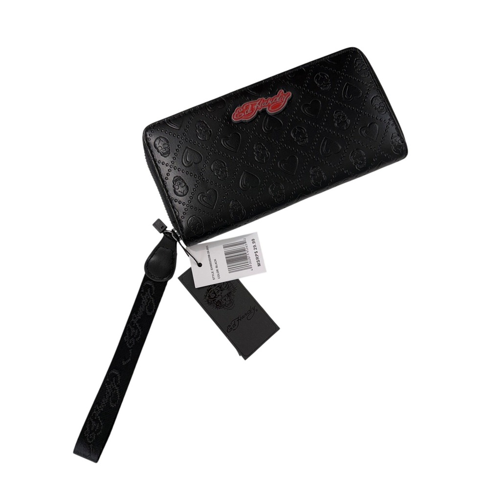 Ed Hardy Black Embossed‎ Skull Heart Zip Around Wristlet Wallet New EHW05505M